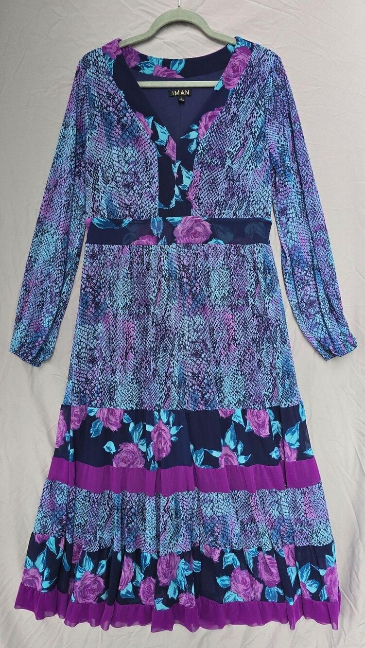 IMAN Dress Womens Large Purple Blue Snake Floral V Neck Fit & Flare Midi Boho
